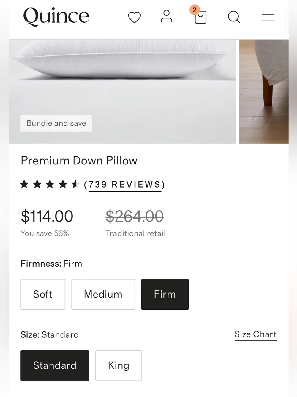 NWT Quince Premium Duck Down Pillow Standard Firm